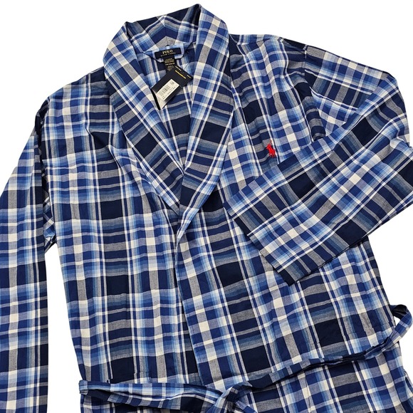 Polo Ralph Lauren Other - Polo Ralph Lauren Robe Mens S/M Blue White Plaid Cotton Shawl Collar Preppy NEW